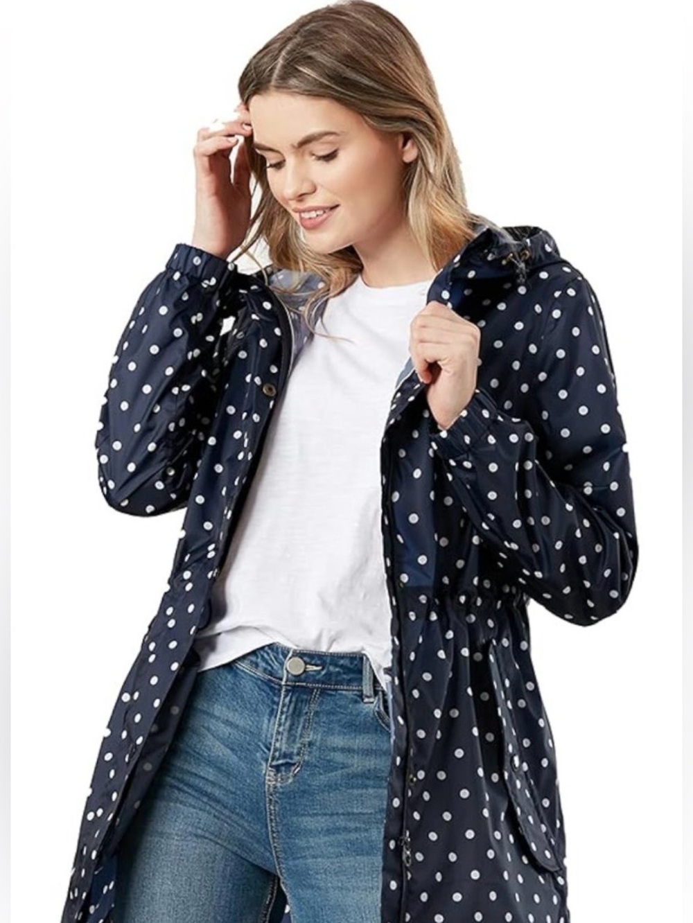 Joules Navy Polka Dot Rain Jacket with Gold Hardware